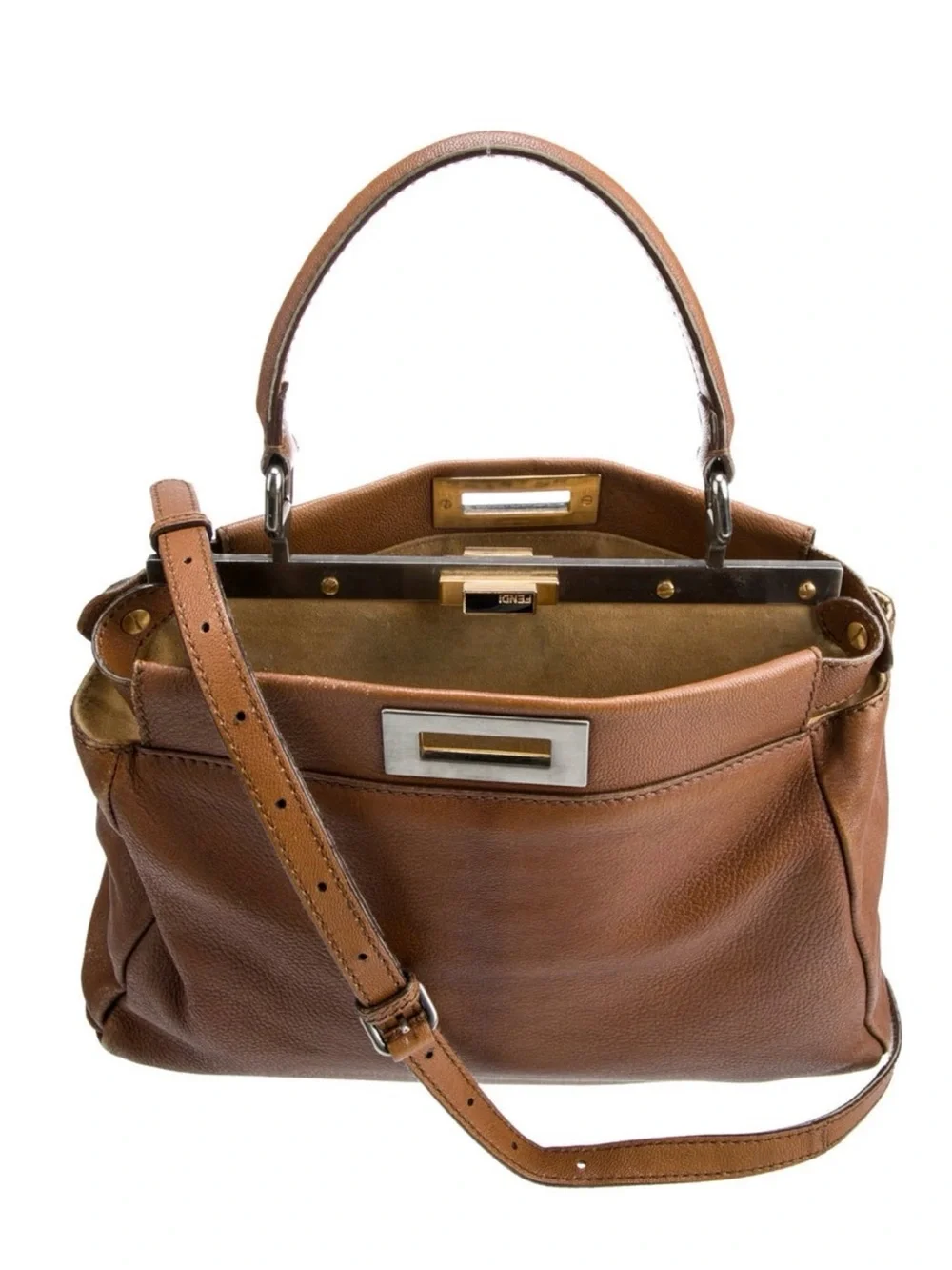 Fendi Brown Leather Peekaboo Medium Satchel with Leopard-Print Flower Interior